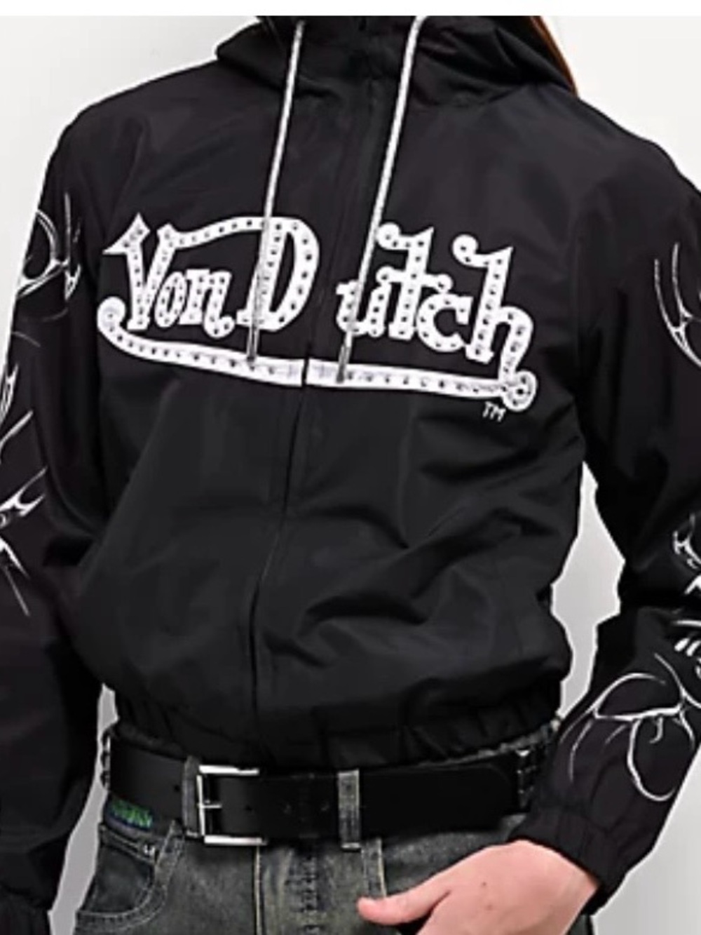 Von Dutch Black Hooded Windbreaker with White Script Logo